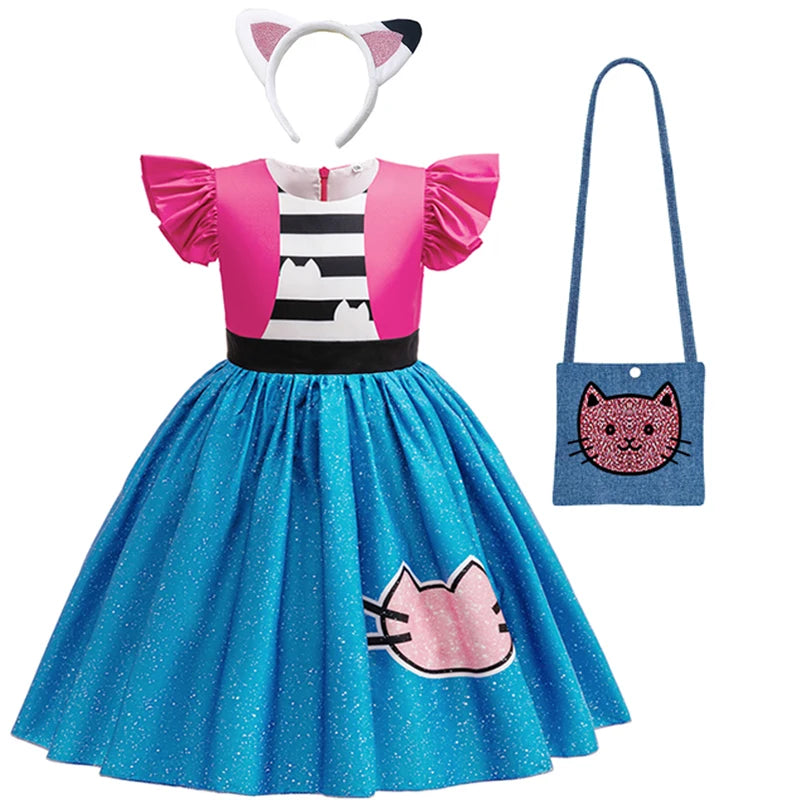 Gabby's Dollhouse Vêtements Filles Gabby Cat Robe Filles Robes décontractées mignonnes et bandeau Enfants Enfants Robe de princesse à manches volantes