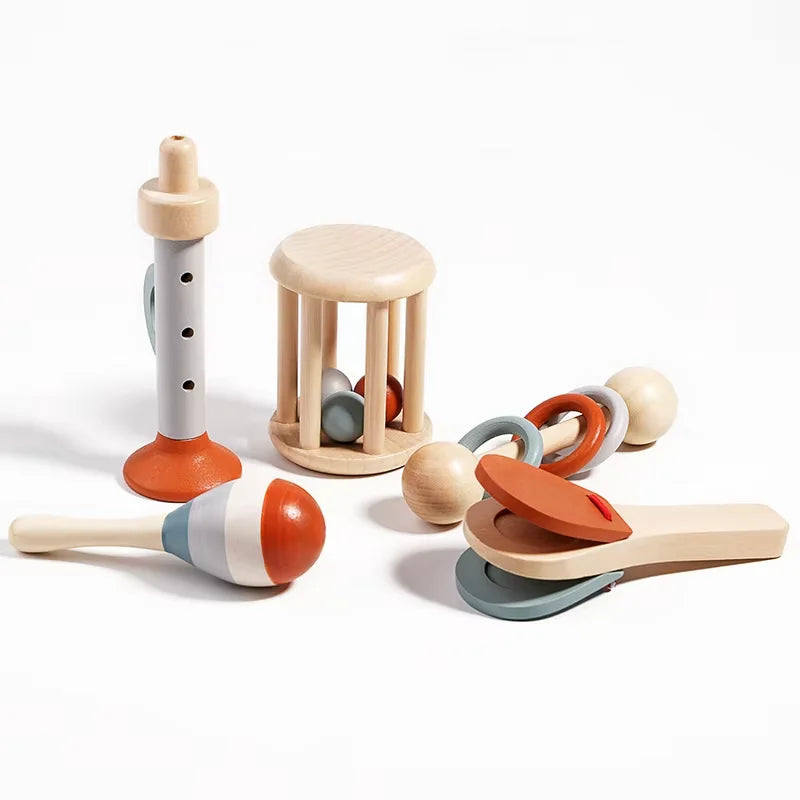 5 pièces bébé Instruments de musique hochet sensoriel jouets déSet de 5 Instruments de Musique Montessori en Bois – Jouets Sensoriels et Éducatifs pour Enfants