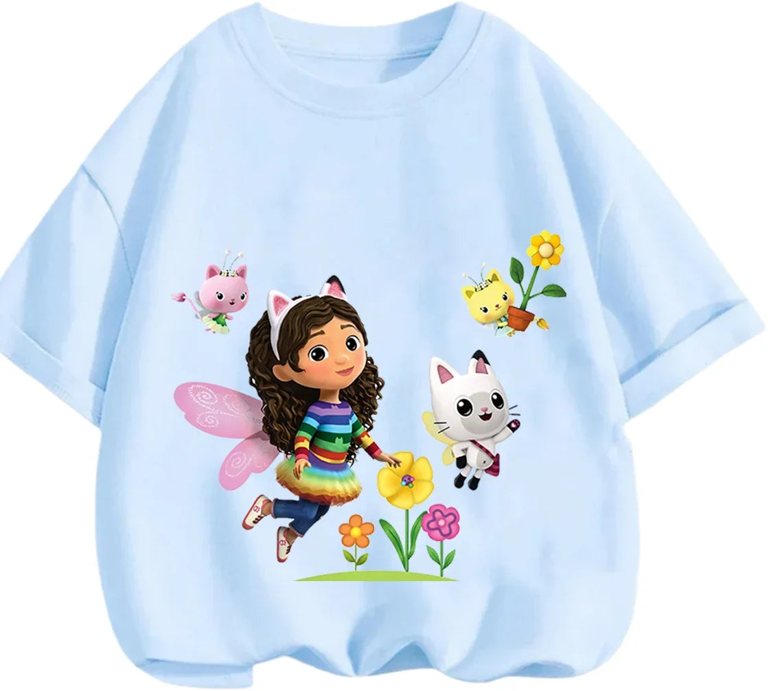 Gabby's Dollhouse T-shirt décontracté d'été à col rond avec imprimé de dessin animé mignon pour enfants de 3 à 14 ans