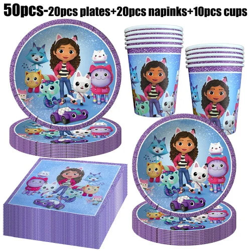 Décoration d'anniversaire Gabby, thème Gabby Dollhouse, vaisselle, assiette, tasse, serviette, nappe, ballon, bannière, toile de fond, fournitures pour fête d'enfants