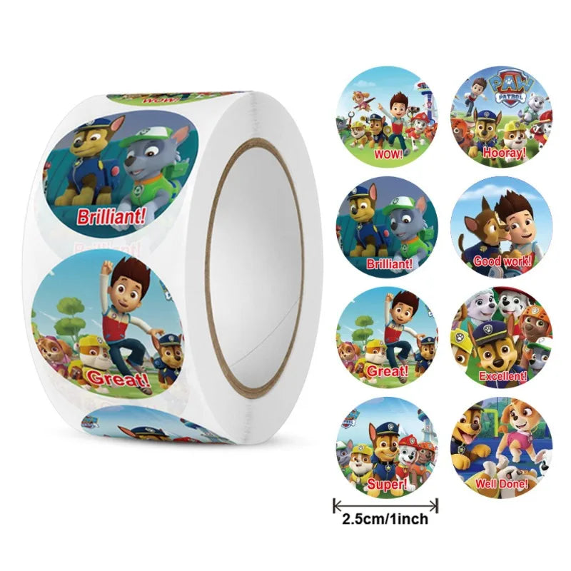 Autocollants de dessin animé Paw Patrol, 500 pièces, fournitures de papeterie canines, autocollants de récompense pour enseignant, jouet pour enfants, cadeaux