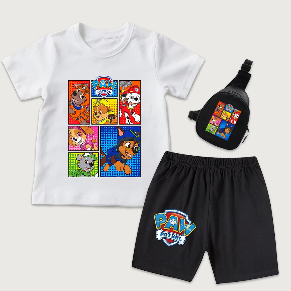 Ensemble t-shirt et short en coton imprimé dessin animé PAW Patrol pour garçons et filles avec mini sac banane, vêtements d'été pour enfants