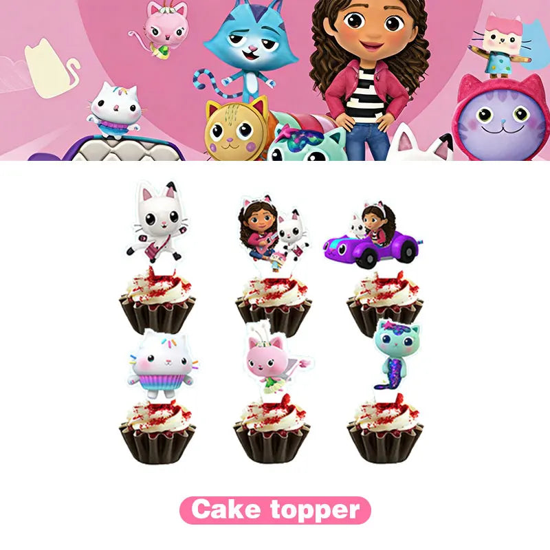 Articles de fête d'anniversaire Gabby Dollhouse Cat : Bannière, ballons, décor de fond, décoration de gâteau, sacs cadeaux, boîtes à bonbons
