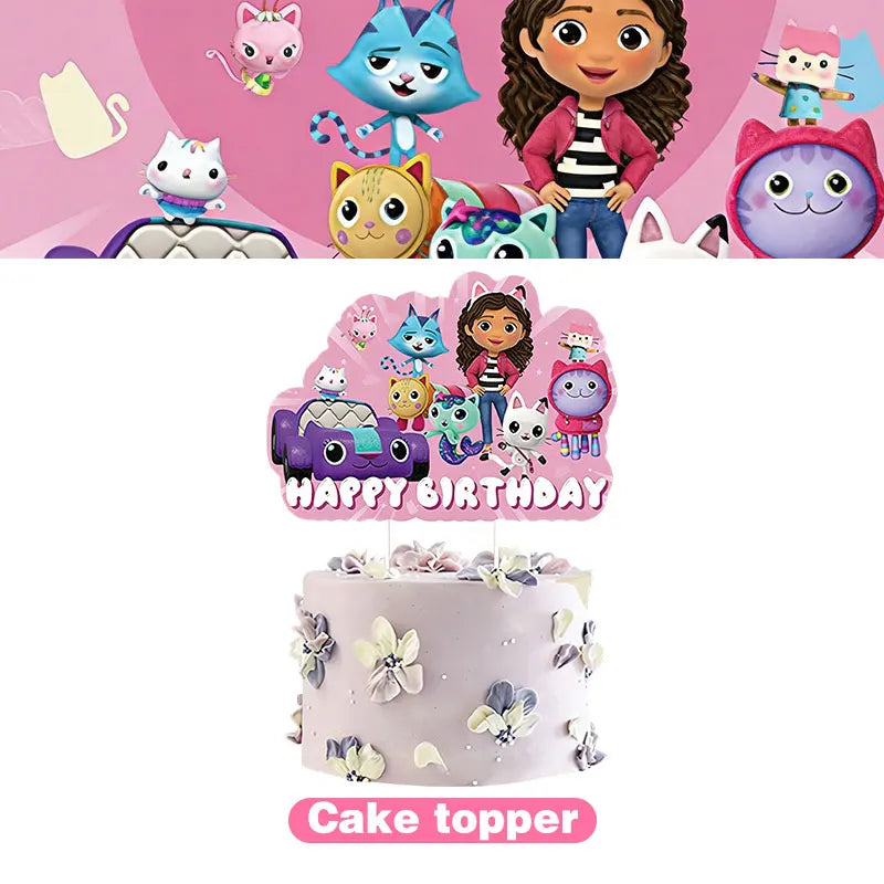 Articles de fête d'anniversaire Gabby Dollhouse Cat : Bannière, ballons, décor de fond, décoration de gâteau, sacs cadeaux, boîtes à bonbons