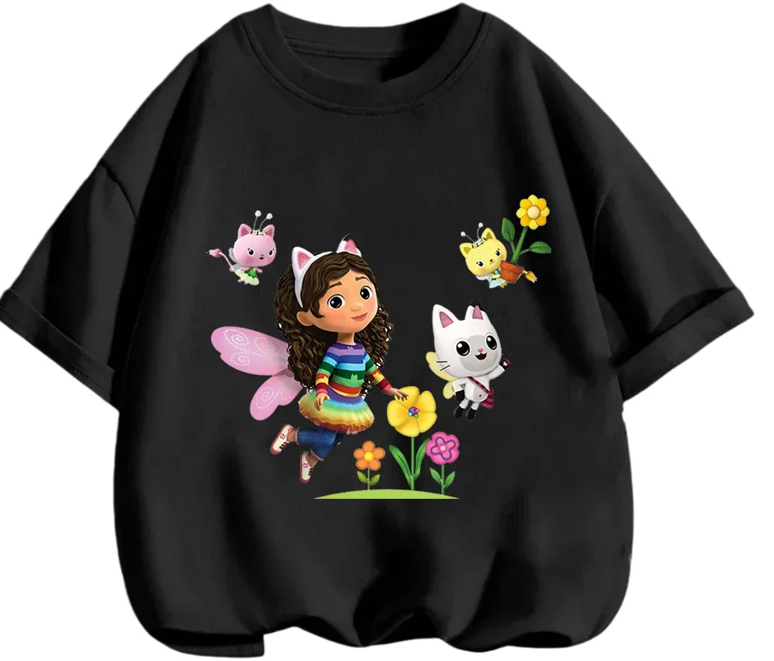 Gabby's Dollhouse T-shirt décontracté d'été à col rond avec imprimé de dessin animé mignon pour enfants de 3 à 14 ans