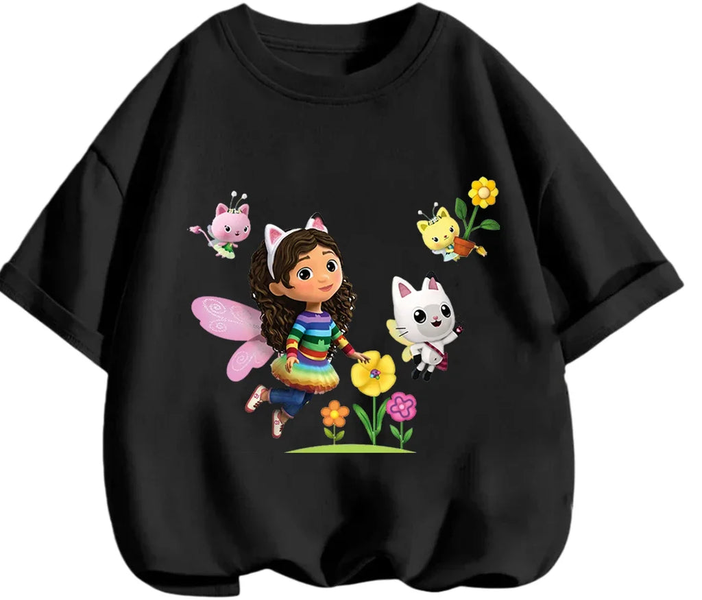 Gabby's Dollhouse T-shirt décontracté d'été à col rond avec imprimé de dessin animé mignon pour enfants de 3 à 14 ans