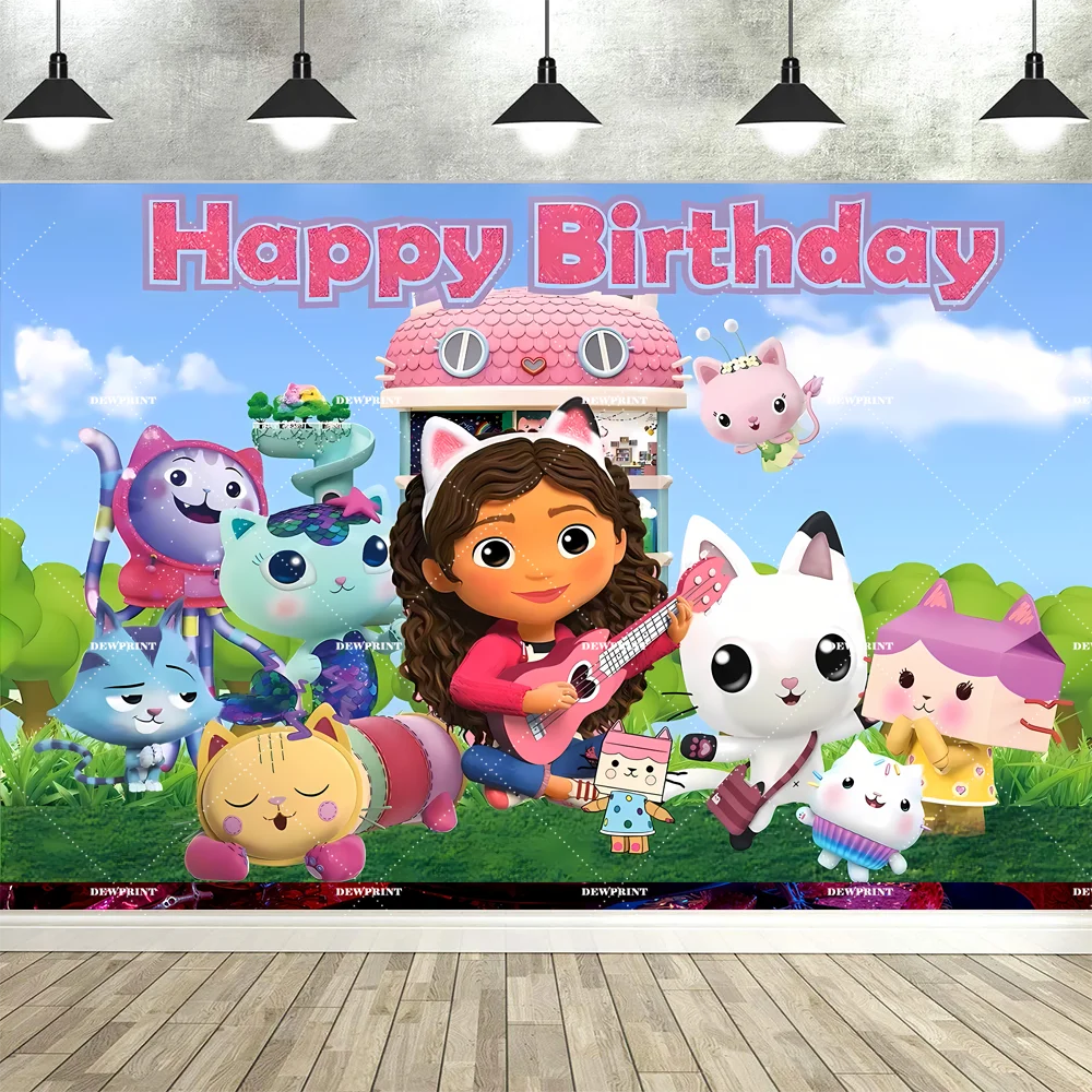 Bannière de fond d'anniversaire Gabby en dessin animé mignon, accessoires de décoration pour fête d'enfants, toile de fond photo, fournitures de photographie