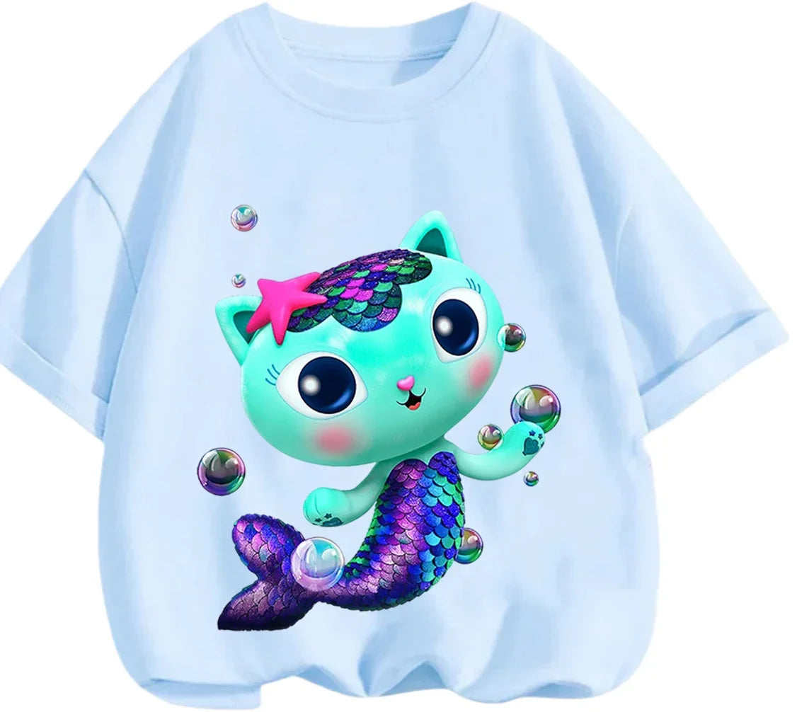 Gabby's Dollhouse T-shirt décontracté d'été à col rond avec imprimé de dessin animé mignon pour enfants de 3 à 14 ans
