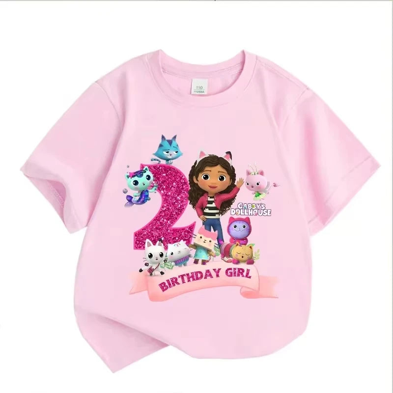 T-shirt d'anniversaire Gabbys Dollhouses pour filles, blanc et rose, à manches courtes, en coton, décontracté, pour l'été, fournitures de fête