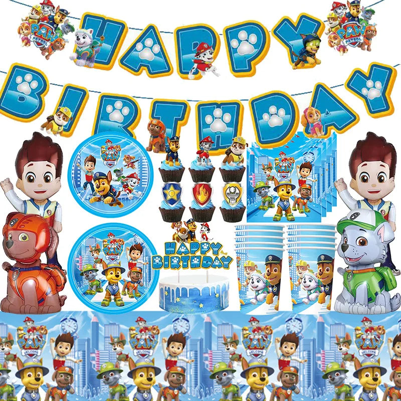 Ensemble de fournitures de fête d'anniversaire Paw Patrol, ballons, toile de fond, assiettes, gobelets, décorations de gâteaux, autocollants Paw Patrol, bannière, cadeaux de fête