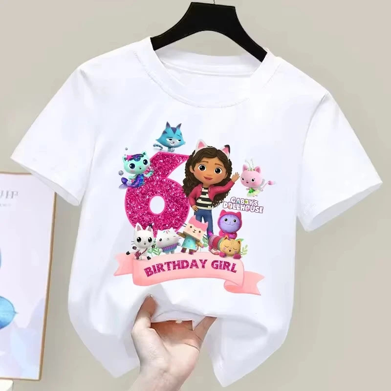 T-shirt d'anniversaire Gabbys Dollhouses pour filles, blanc et rose, à manches courtes, en coton, décontracté, pour l'été, fournitures de fête