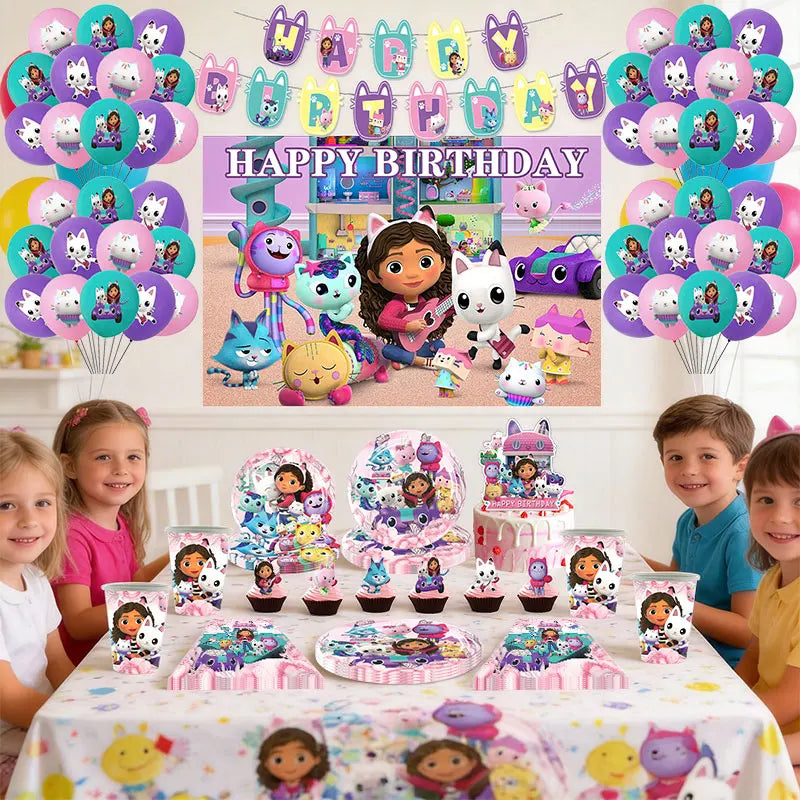 Décoration d'anniversaire Gabby, thème Gabby Dollhouse, vaisselle, assiette, tasse, serviette, nappe, ballon, bannière, toile de fond, fournitures pour fête d'enfants