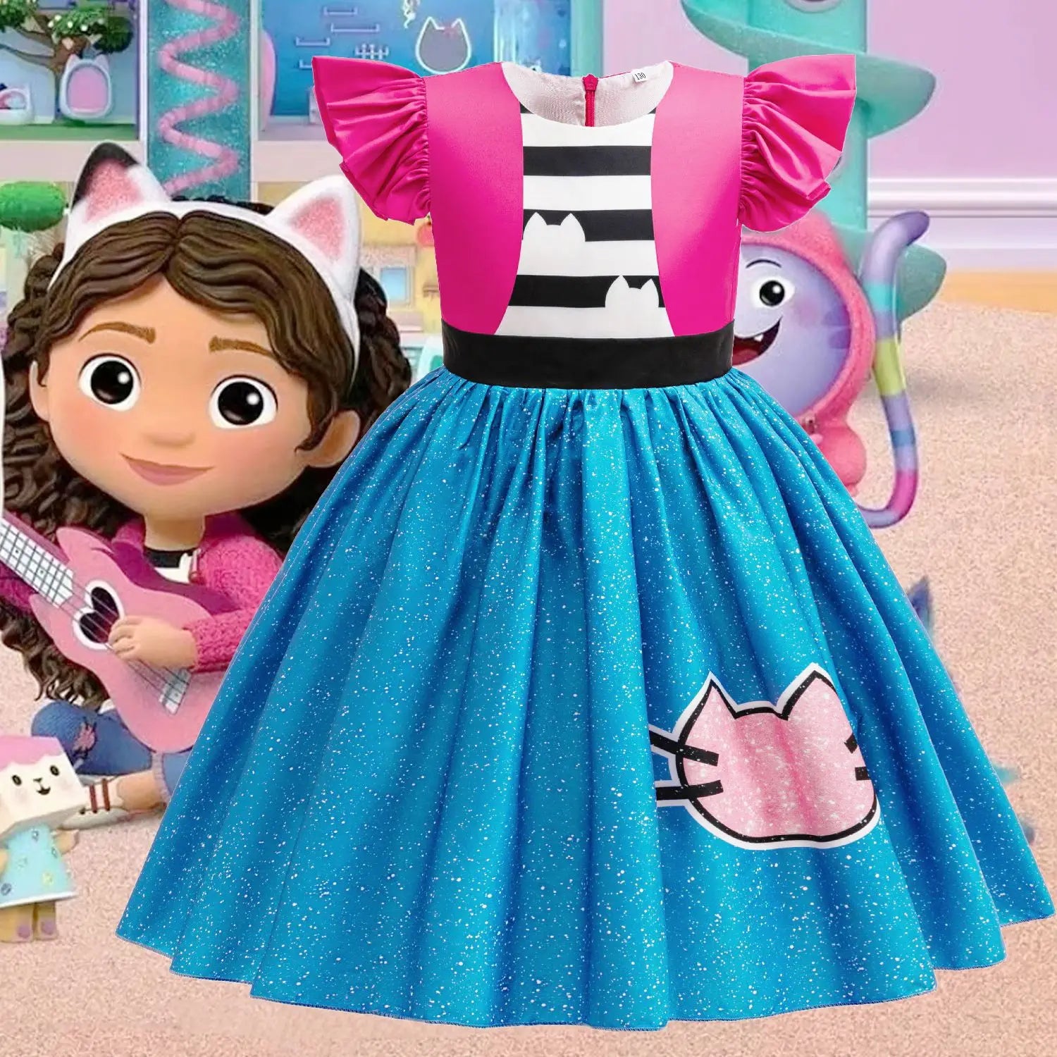 Gabby's Dollhouse Vêtements Filles Gabby Cat Robe Filles Robes décontractées mignonnes et bandeau Enfants Enfants Robe de princesse à manches volantes